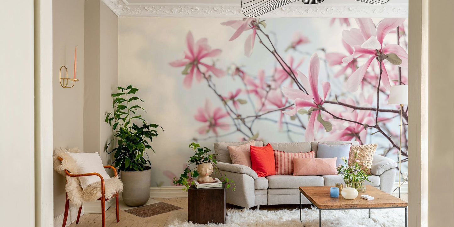 Serene magnolia tree mural with delicate pink flowers

