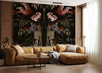 Korean-inspired mural with cranes and blossoms for modern wall decor in a dining area