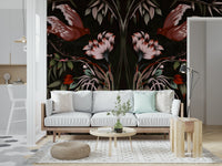 Korean art inspired bird mural for a home office wall, muted color palette