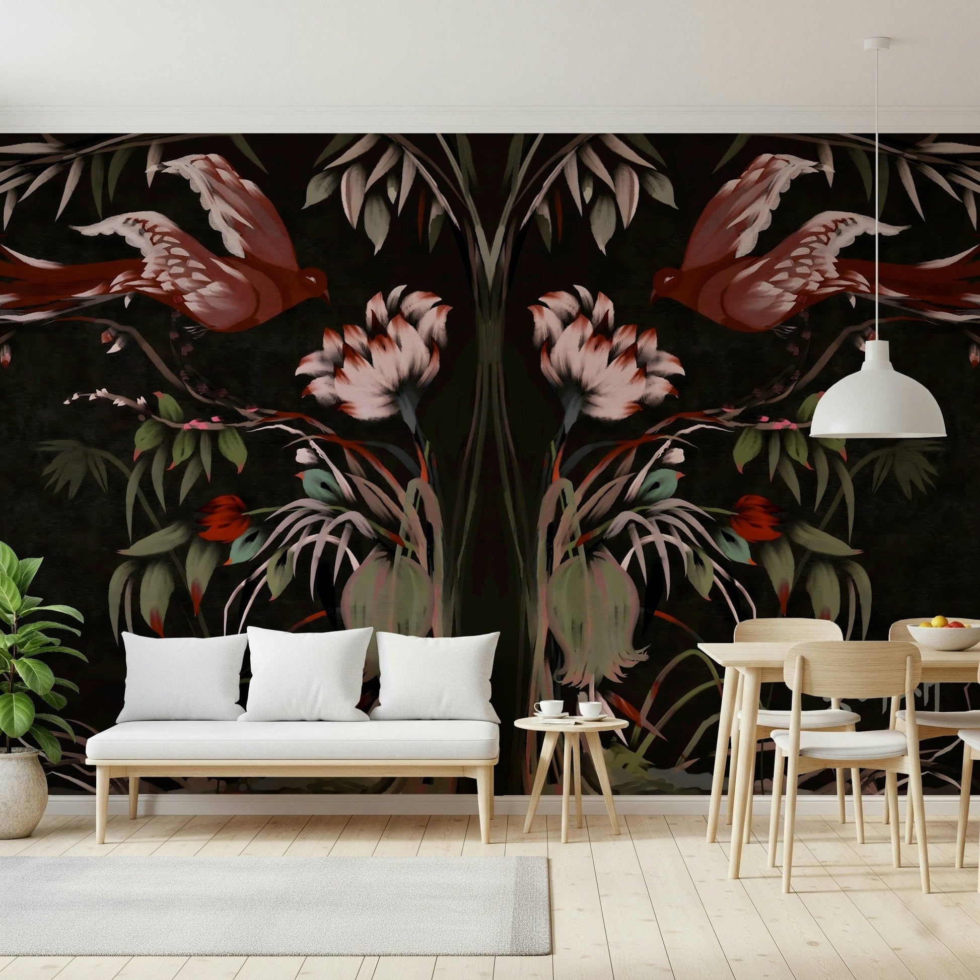 Traditional bird and branch mural in muted color tones for a calm bedroom wall
