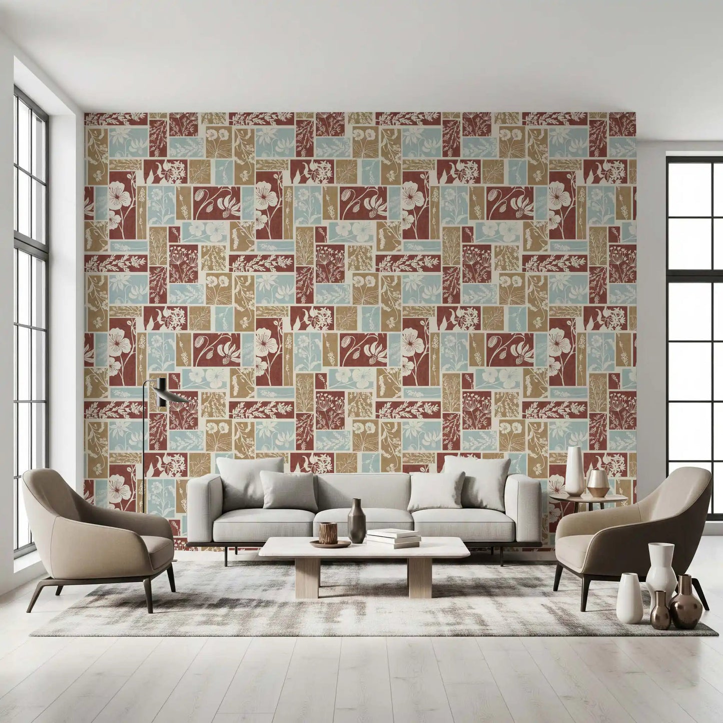 Rustic botanical wallpaper with warm neutral palette