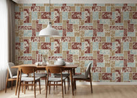 Dining room botanical wallpaper with patchwork design