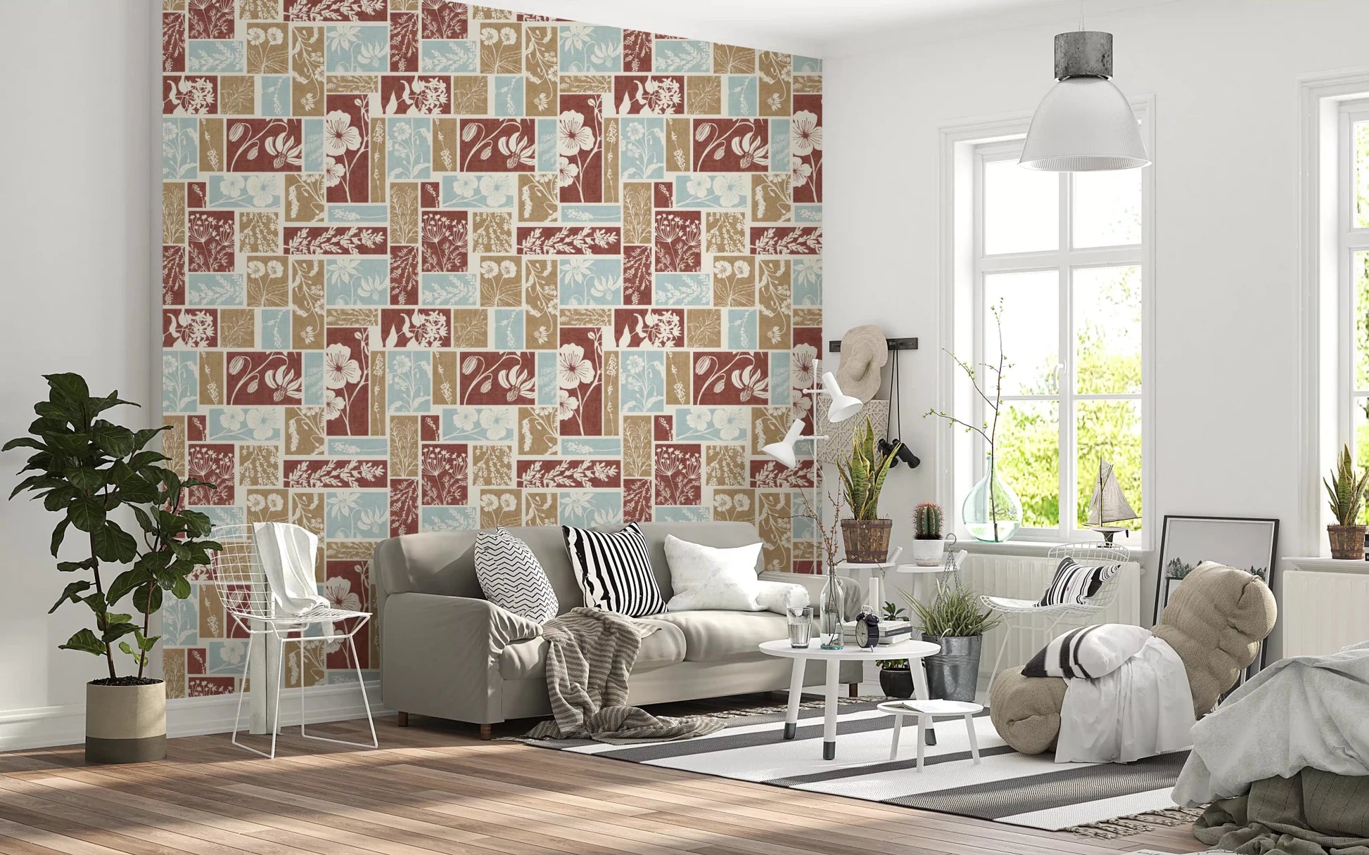 Botanical grid wallpaper with layered floral elements