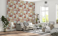 Botanical grid wallpaper with layered floral elements