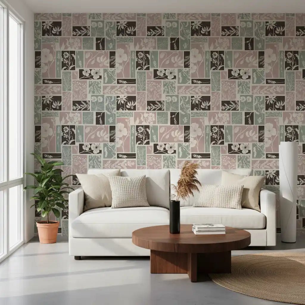 Botanical collage wallpaper for Hallway with vintage floral style