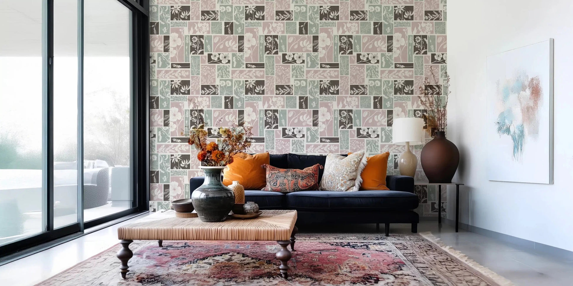 Soft botanical wallpaper for Living area with blush and sage panels