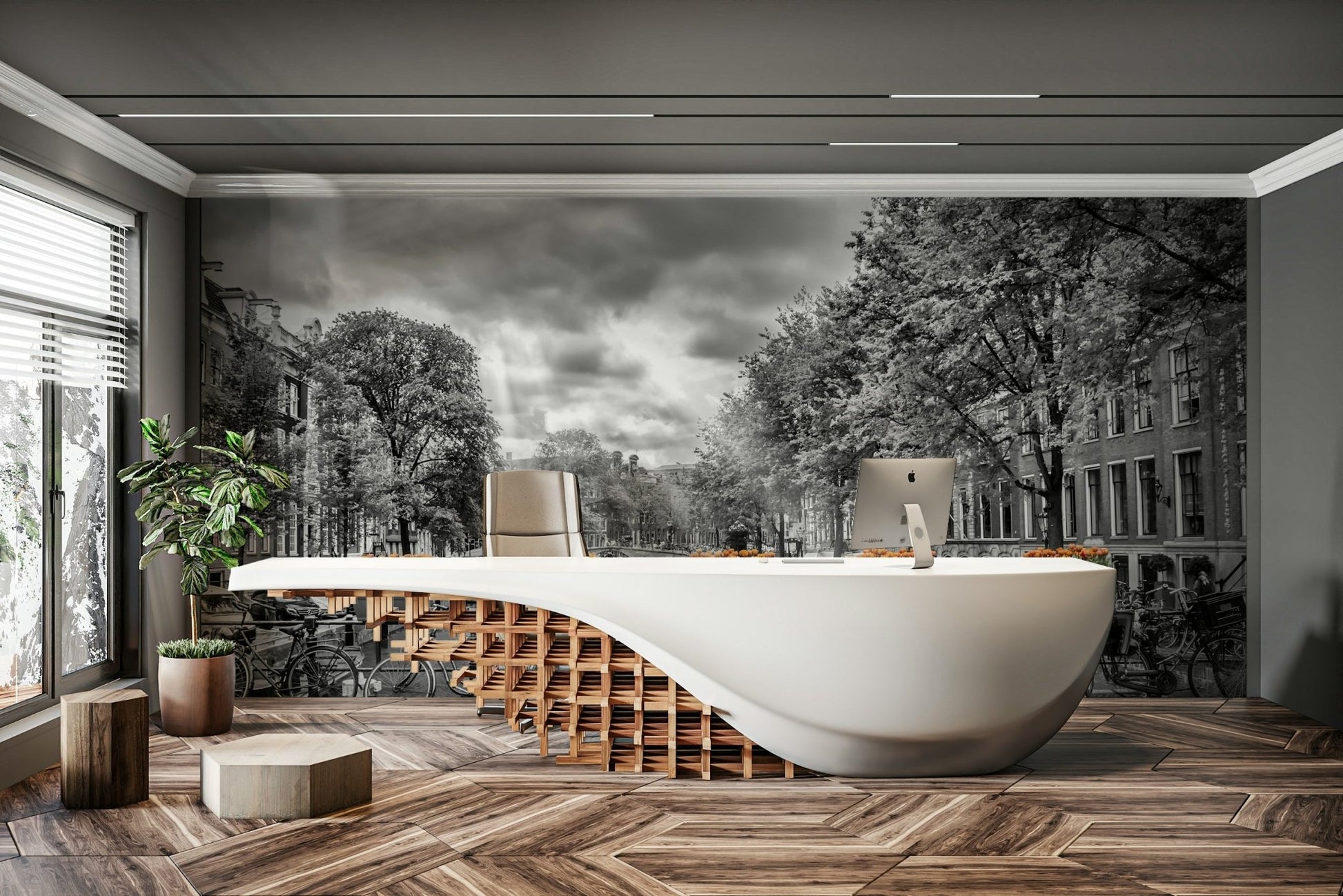 Tall canal houses with gables lit in evening light wallpaper

