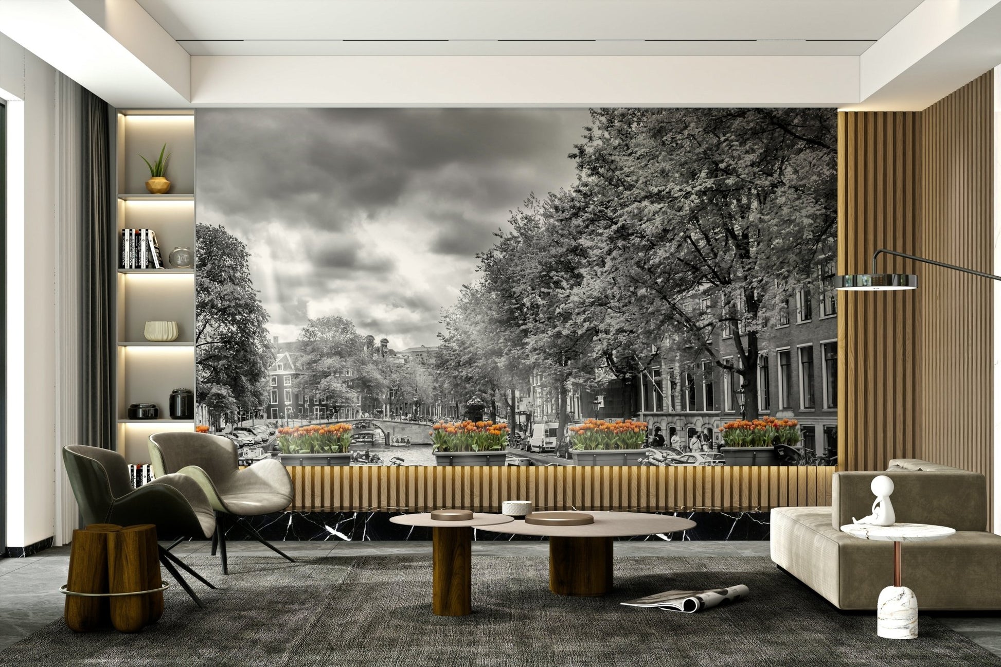 Living room wall covered in Herengracht cityscape wallpaper

