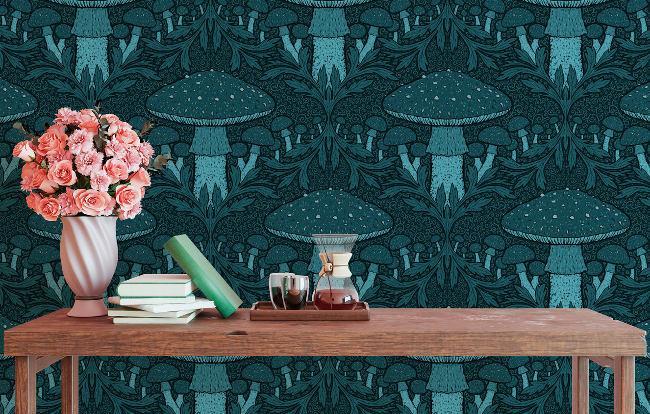 Elegant heritage mushroom blue wallpaper for timeless interiors.
