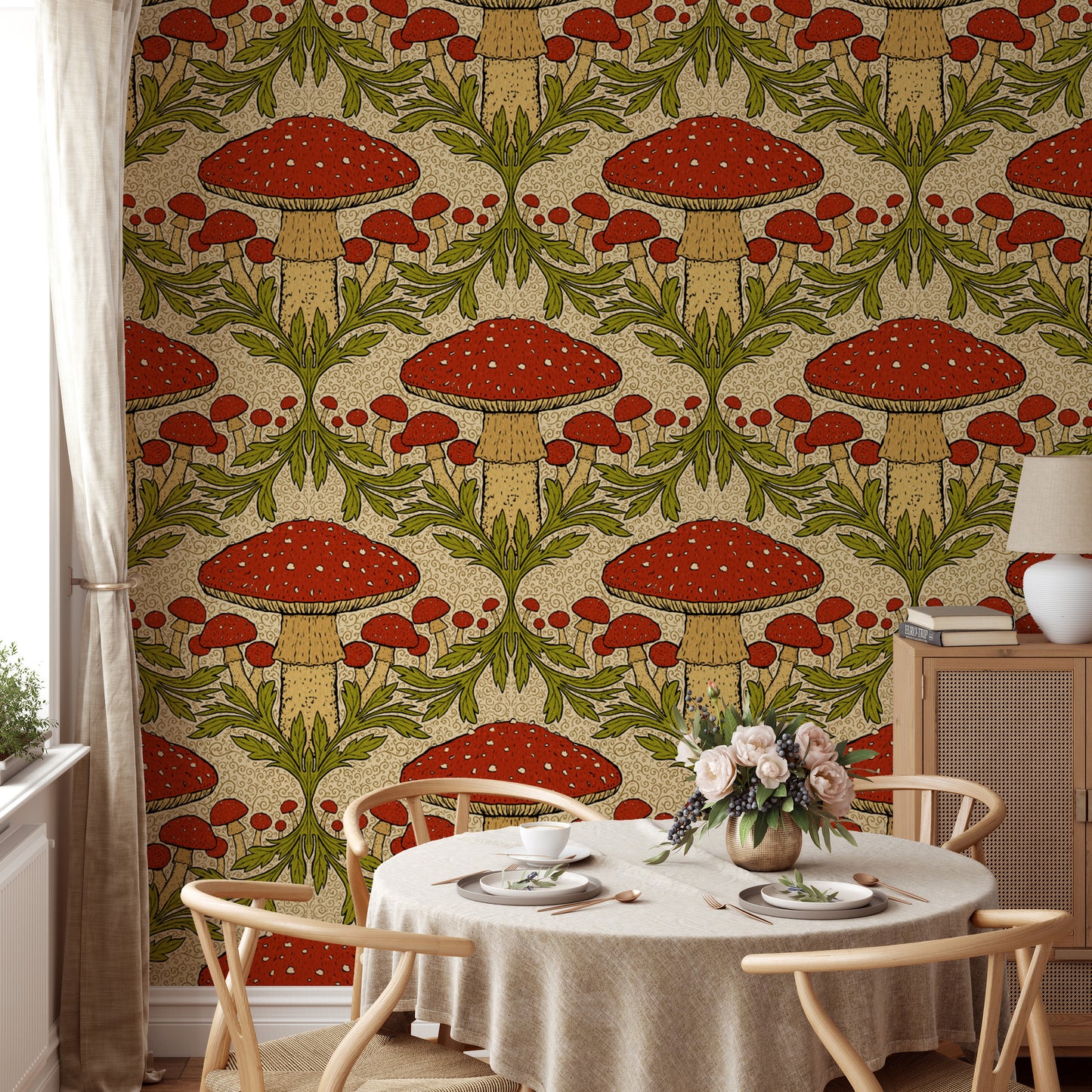 Whimsical heritage mushroom wallpaper in red for a playful vibe.
