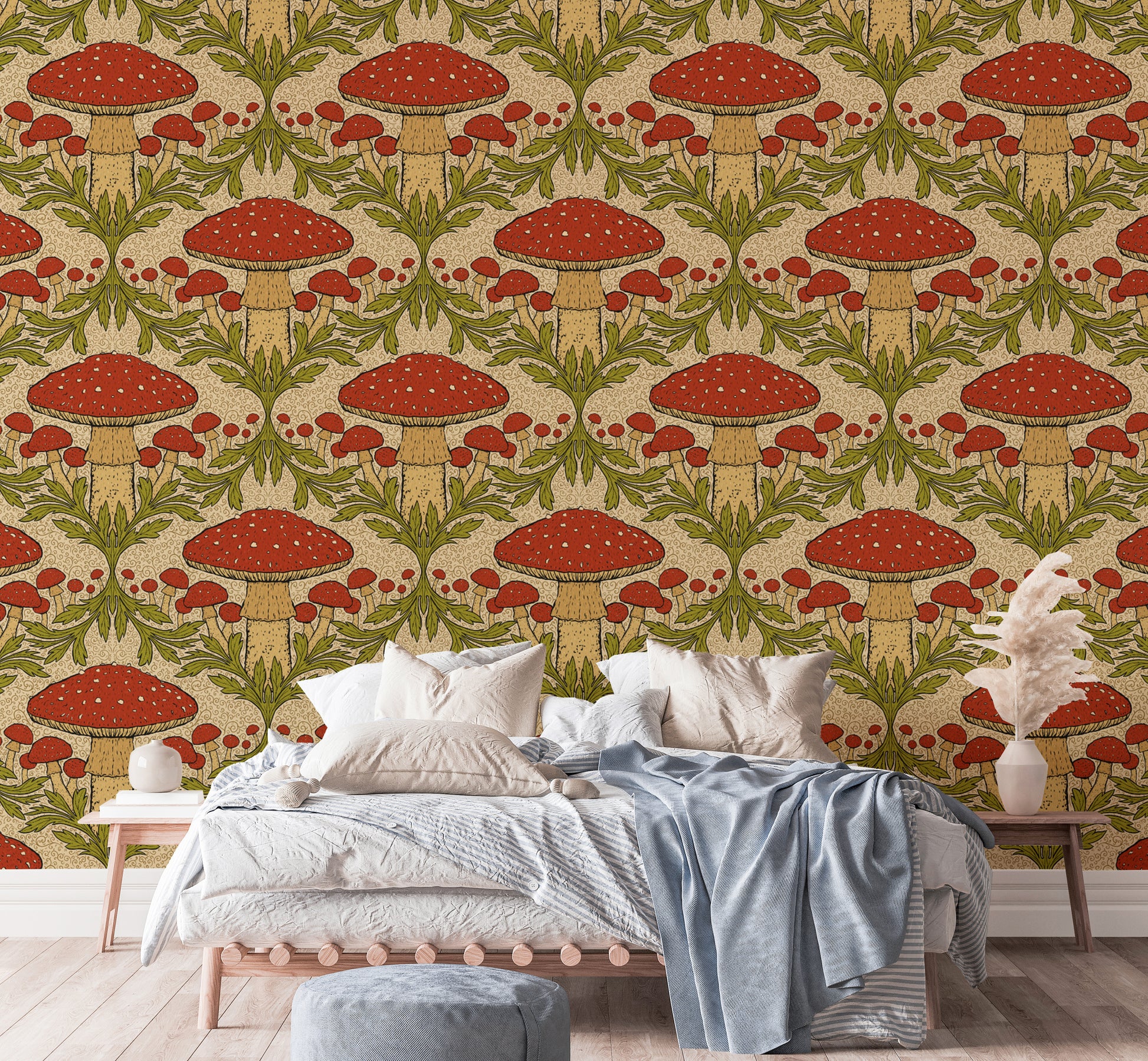 Bold heritage mushroom red wallpaper for a striking wall accent.
