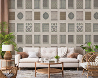 Vintage tile panels wall mural, Heritage Pattern Gallery style for hallway.