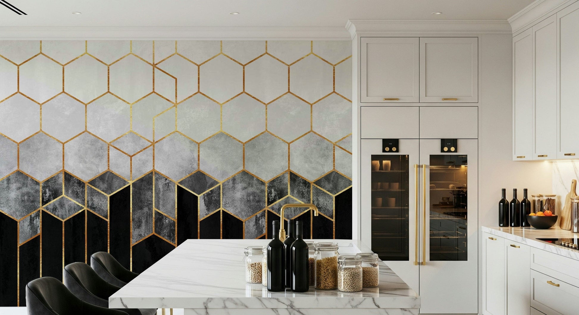 A peaceful geometric abstract mural on decorative wallpaper.