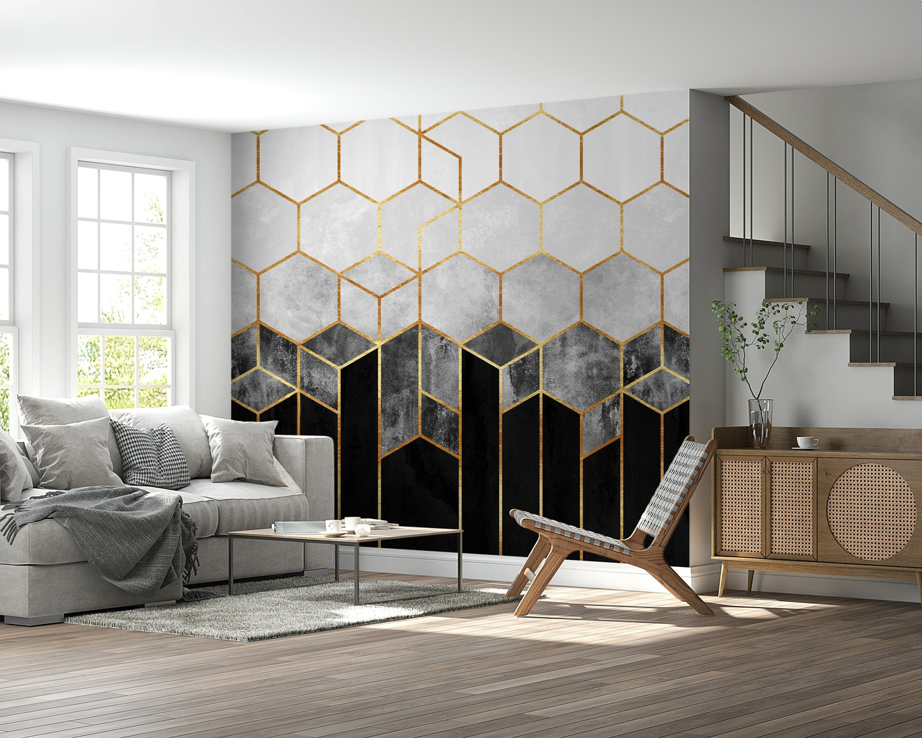 A graceful subtle hexagon wall mural in cool, bold tones.