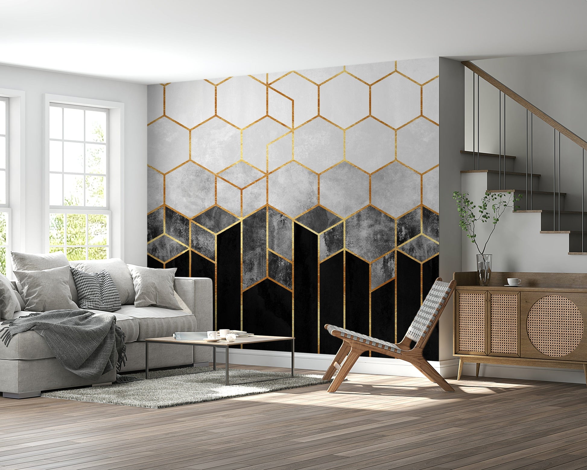 A graceful subtle hexagon wall mural in cool, bold tones.