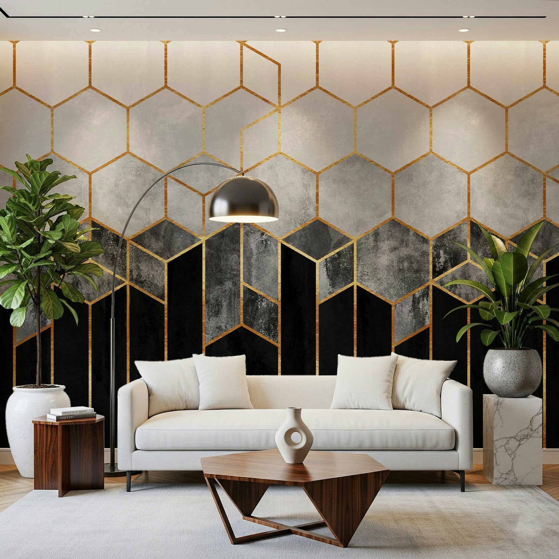 A contemplative geometric design wallpaper mural for a feature wall.