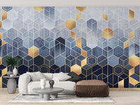 Hexagonal Ombre Gold wallpaper mural styled as a feature wall behind a dining table and chairs