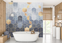 Hexagonal Ombre Gold wallpaper mural as a bedroom feature wall behind the headboard