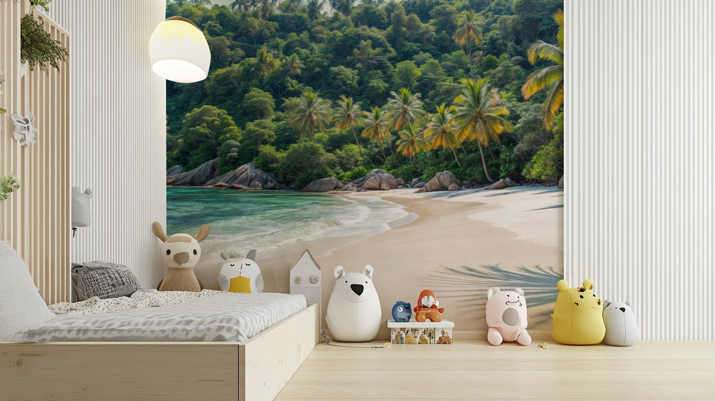 Serene wall wallpaper design with tropical nature elements

