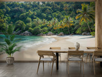 Tropical wallpaper with palm leaves and jungle atmosphere

