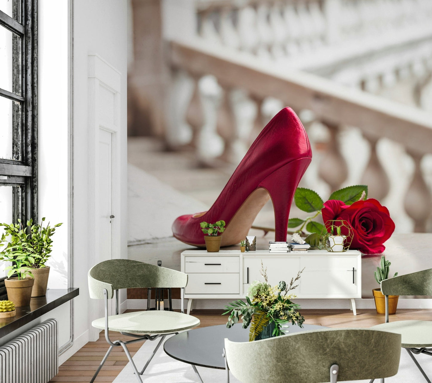 Stylish High Heels and Rose, velvet red flower image.