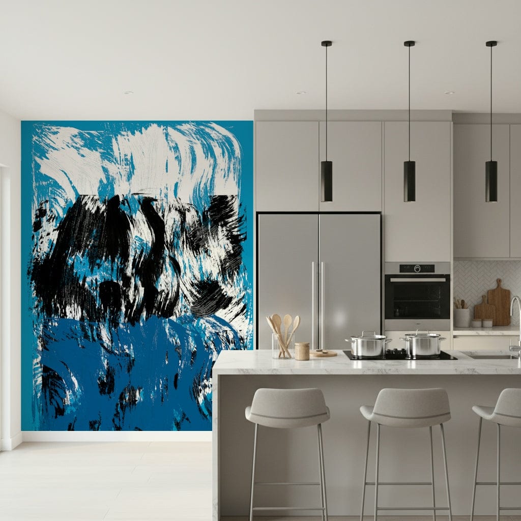 Dynamic blue and white textures blending into an abstract depiction of high tide in this wallpaper.