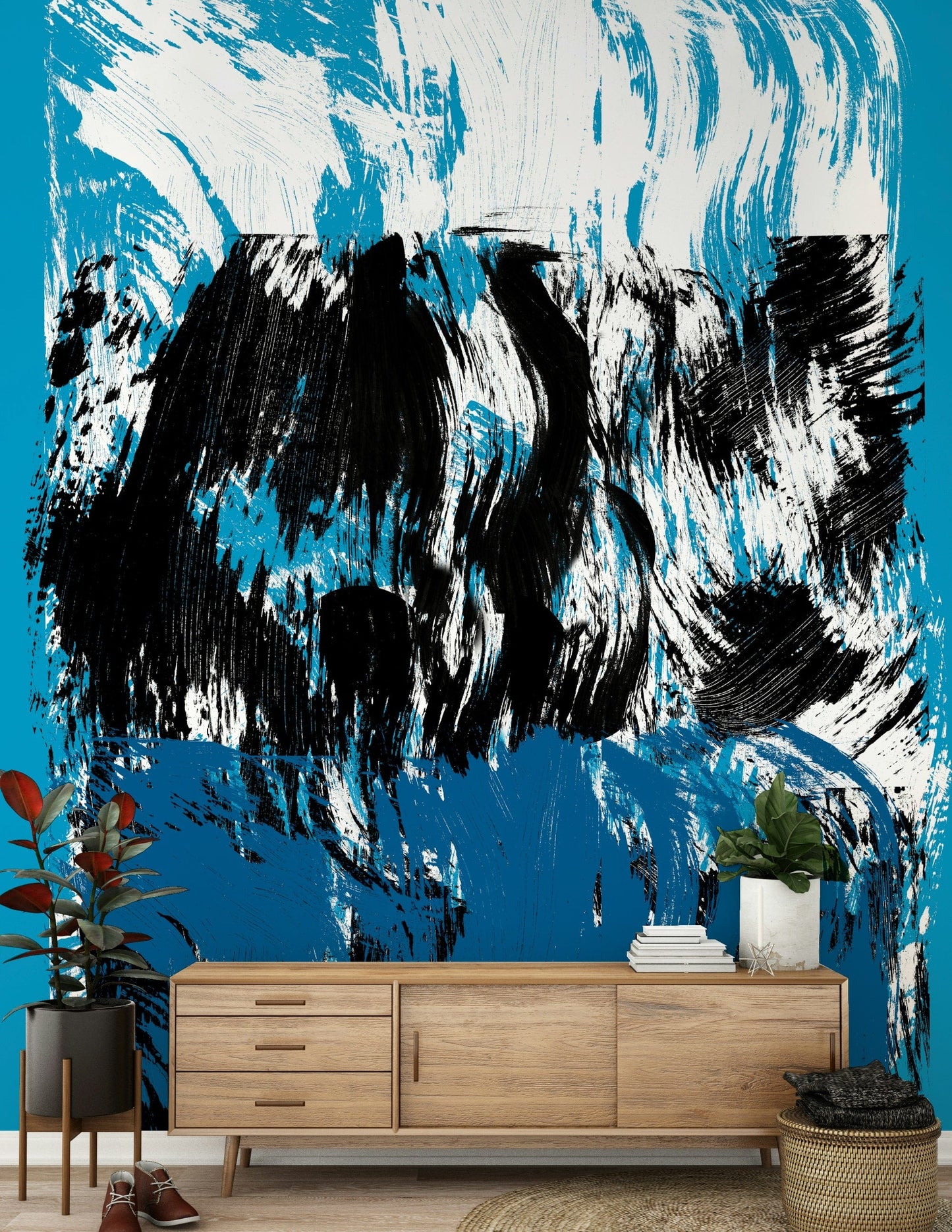 Striking black and blue strokes merging into an expressive high tide wallpaper artwork.