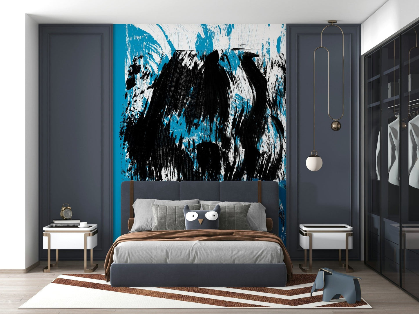 A dramatic ocean-inspired wallpaper with bold blue, black, and white brushstrokes resembling high tides.