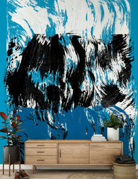 Striking black and blue strokes merging into an expressive high tide wallpaper artwork.