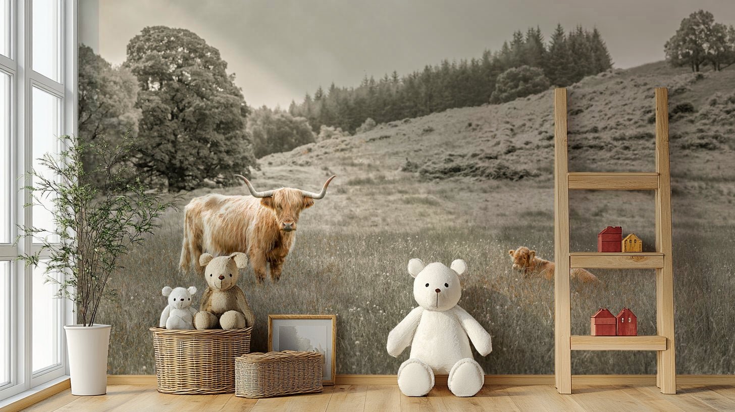 Close-up of a Highland cow in a grazing field wall mural

