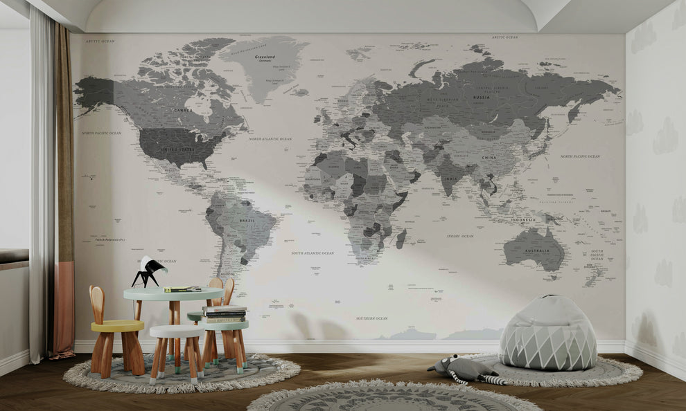 Highly Detailed Grey World Map Wall Mural | Shop Australia