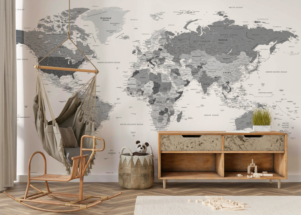 Highly Detailed Grey World Map Wall Mural | Shop Australia