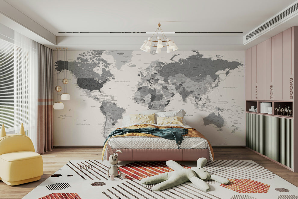 Highly Detailed Grey World Map Wall Mural | Shop Australia