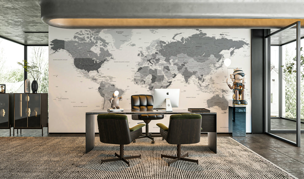 Highly Detailed Grey World Map Wall Mural | Shop Australia