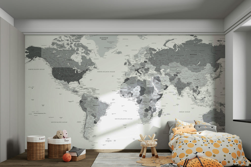Highly Detailed Grey World Map Wall Mural | Shop Australia