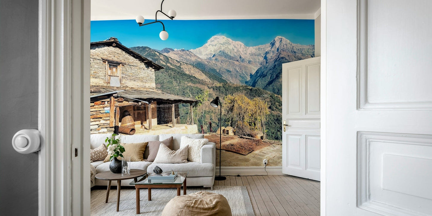 A calming serene mountain wallpaper mural that defines a space.

