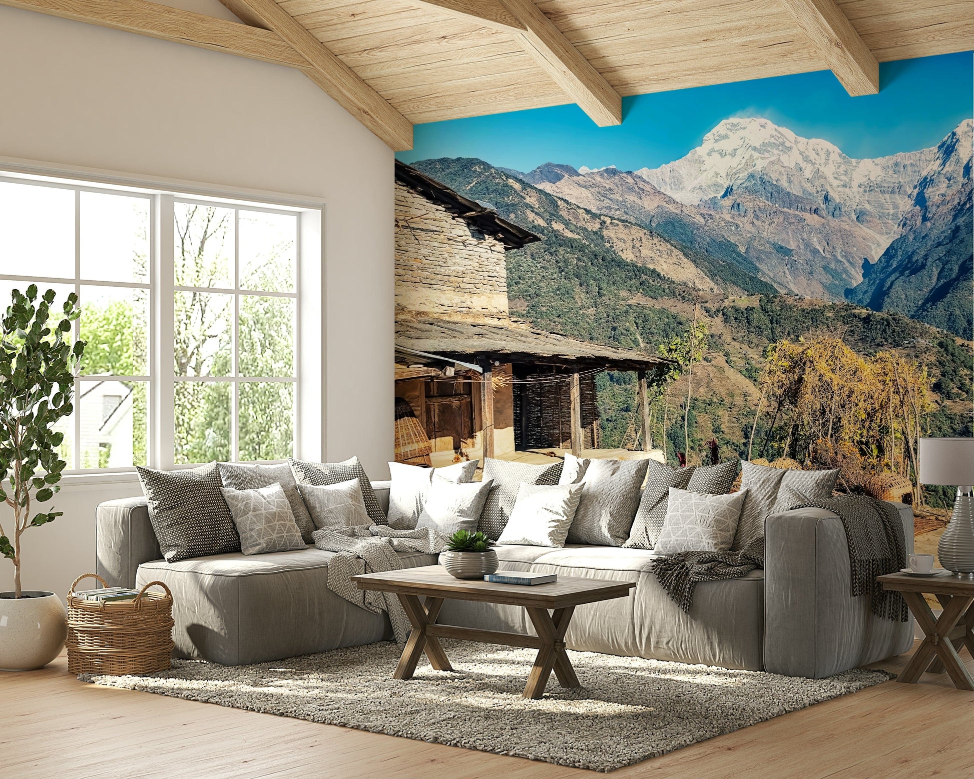An artistic nature escape mural for home decor.

