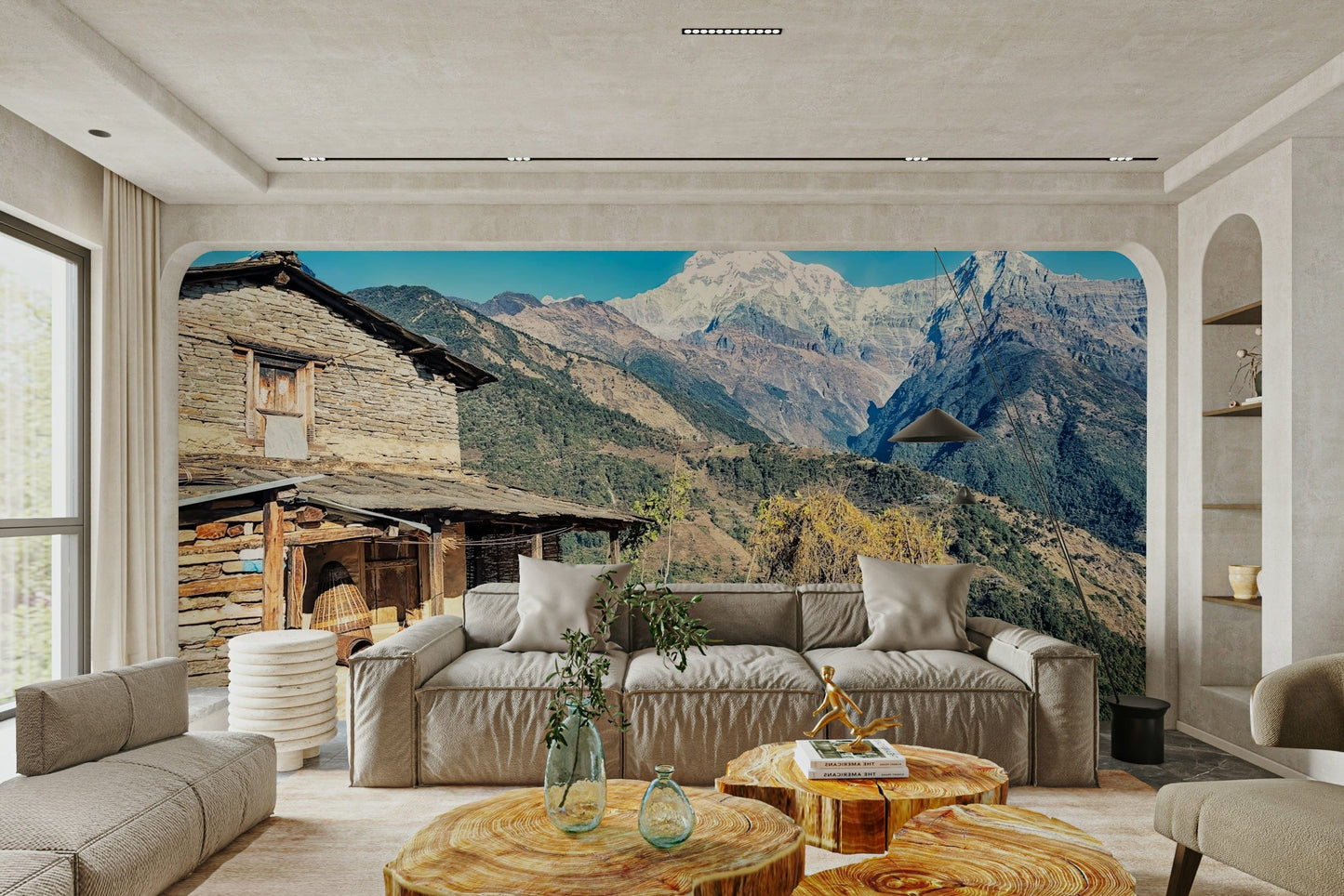 A peaceful vast landscape mural on decorative wallpaper.

