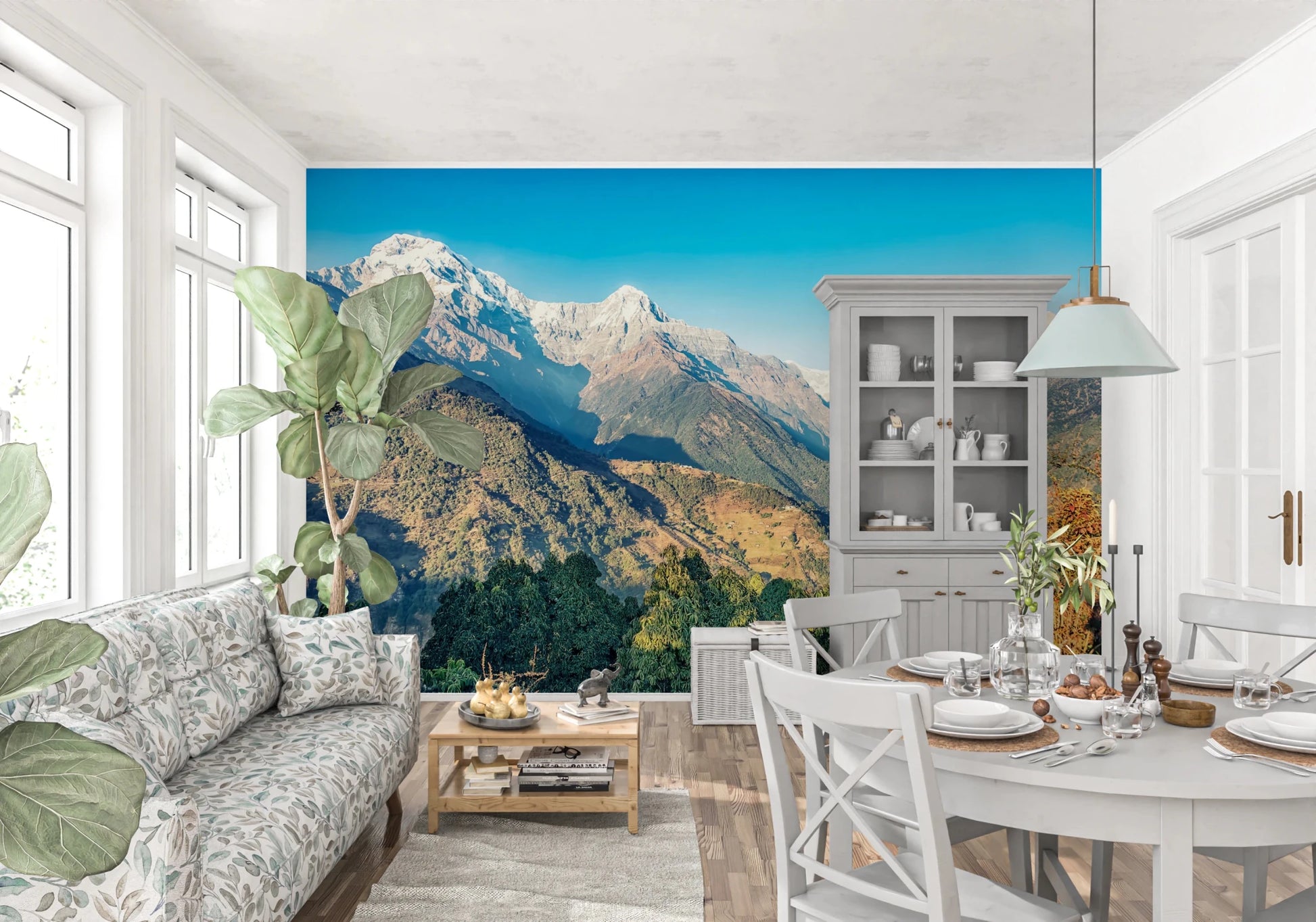 Panoramic Himalaya mural enhances airy dining space