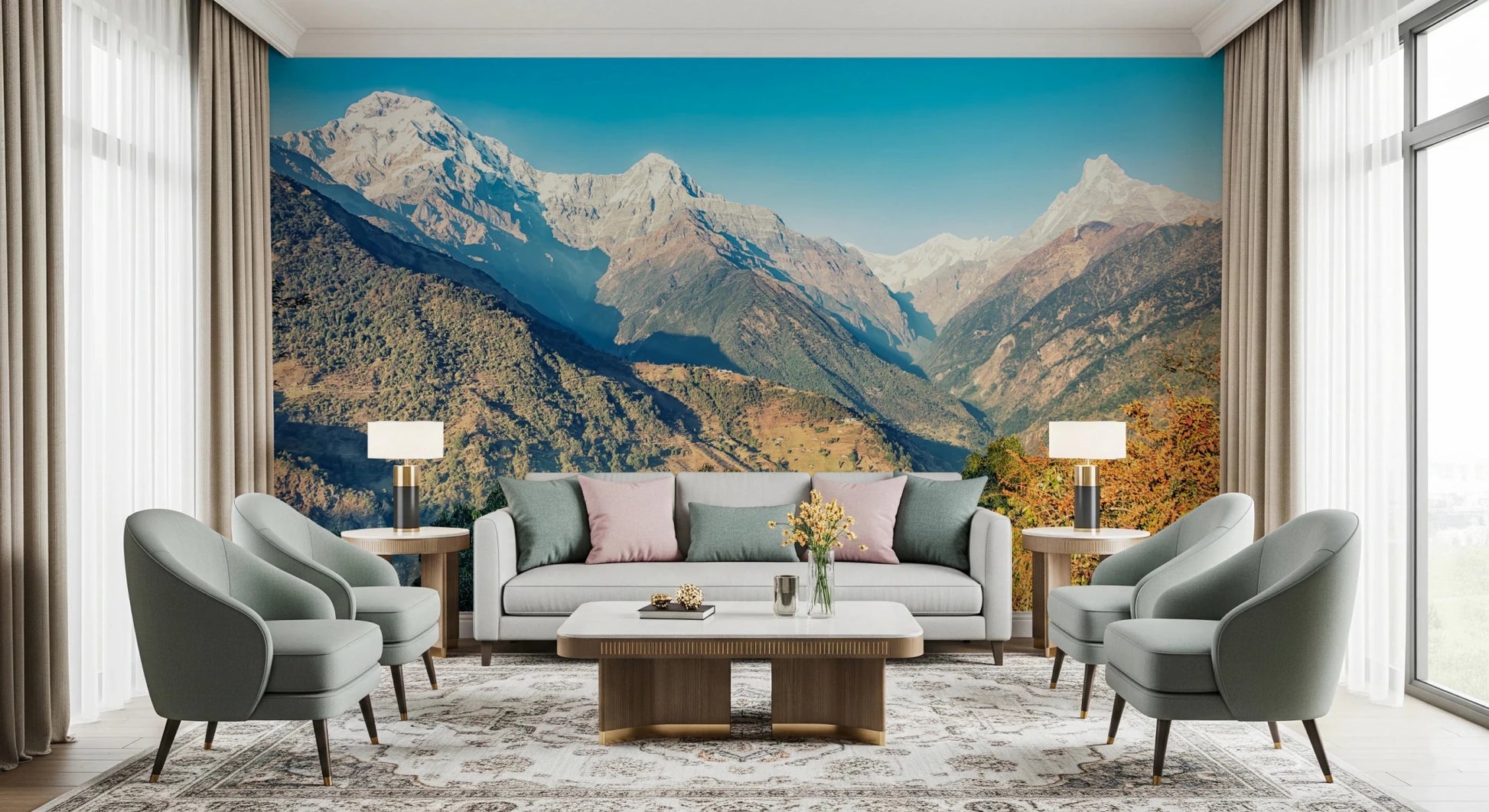 Snowy Himalayan mural brightens modern living room