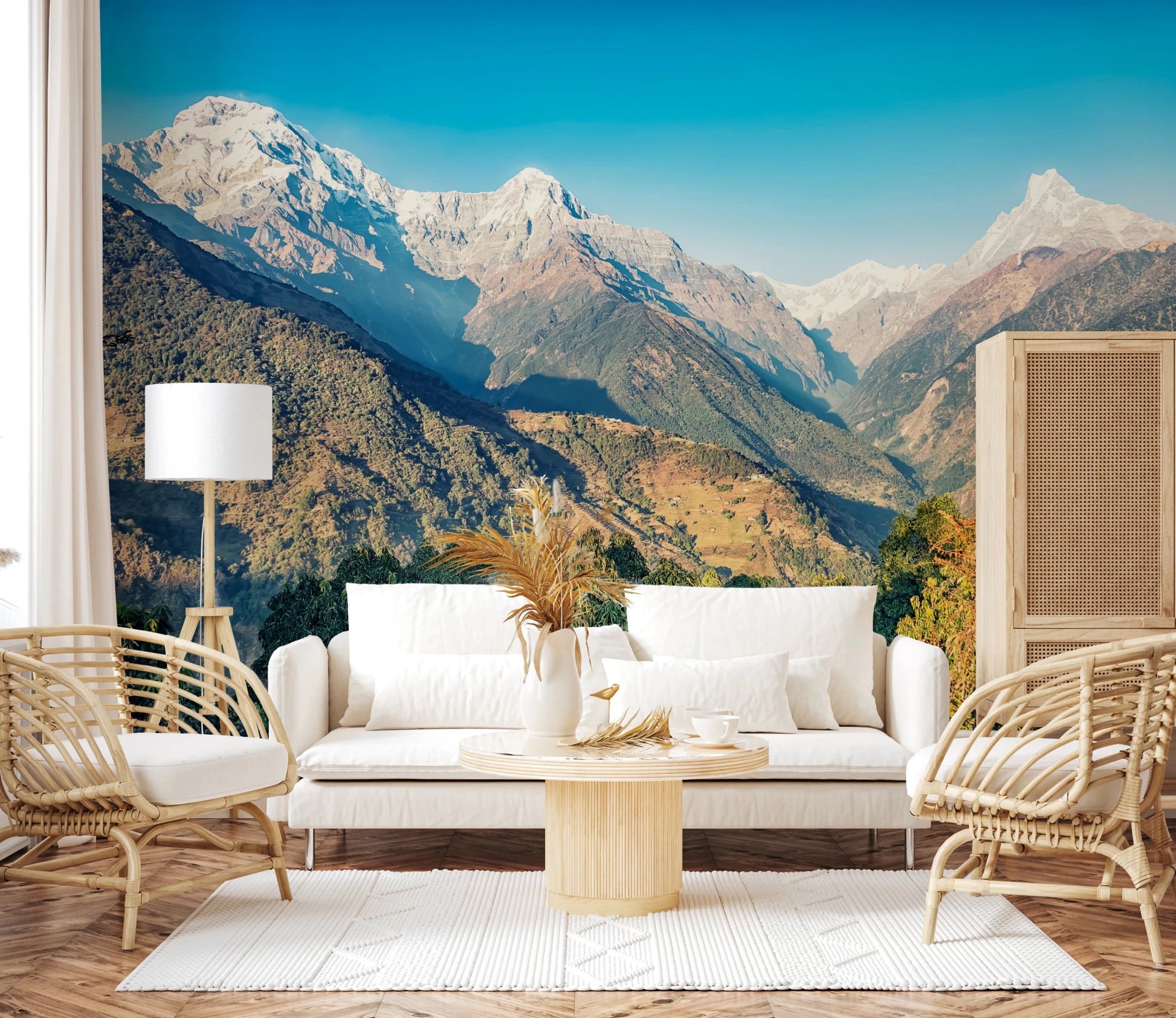 Himalayan valley mural warms neutral living area