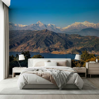 Scenic wall art Himalayan Vista, reflective lake beneath towering mountains.