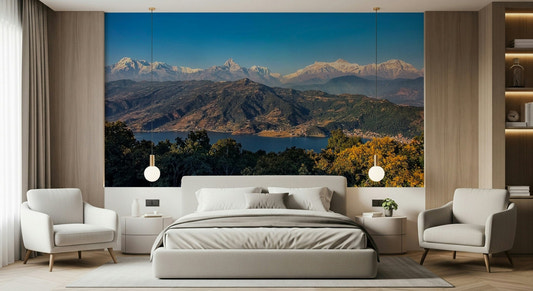 Himalayan Vista wallpaper for walls, serene mountain peaks, clear blue sky.