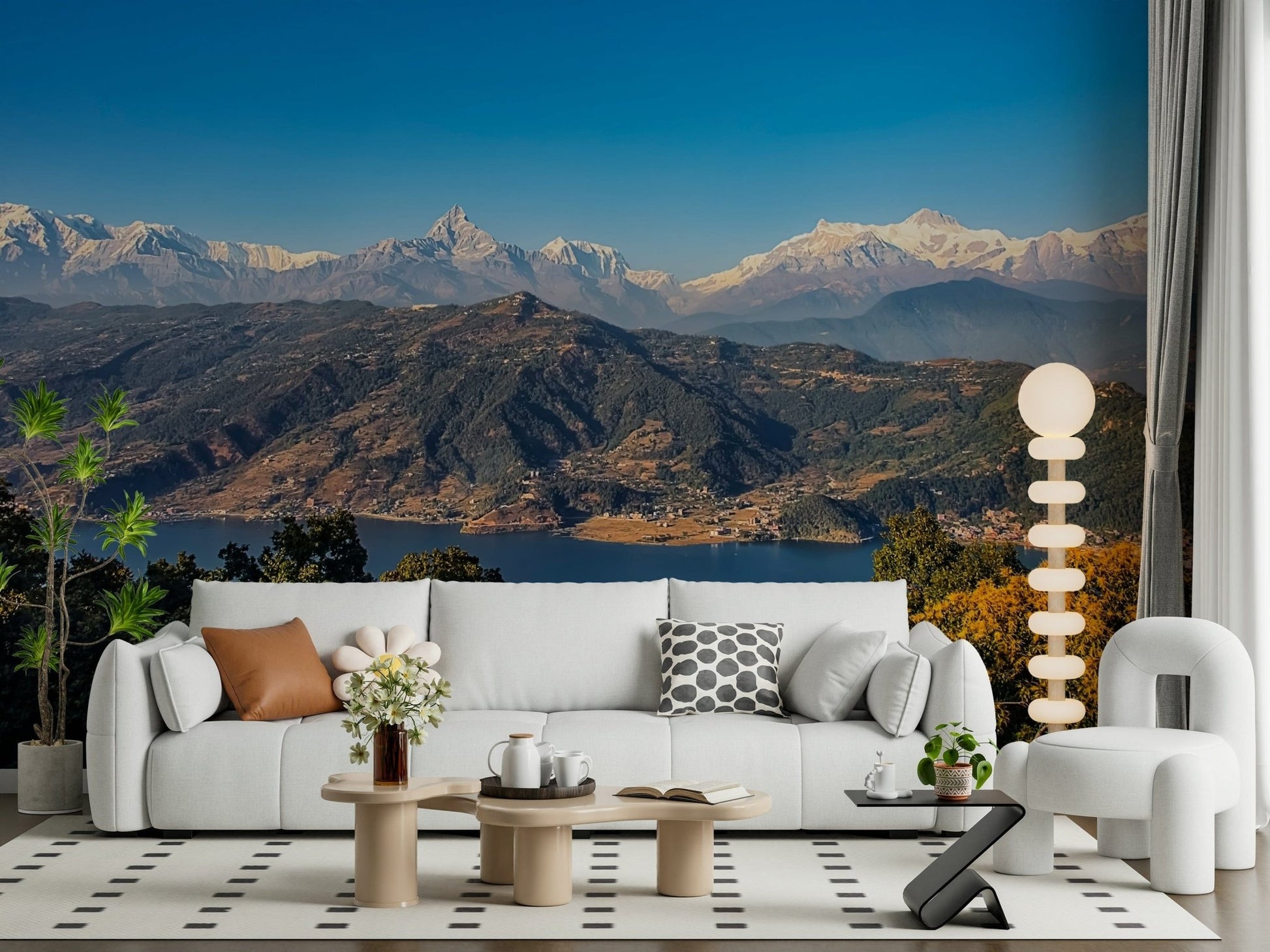Vista wallpaper with mountain scenery, Machapuchare peak, deep blue water.