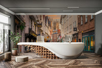 Serene cityscape mural with historical buildings at dusk

