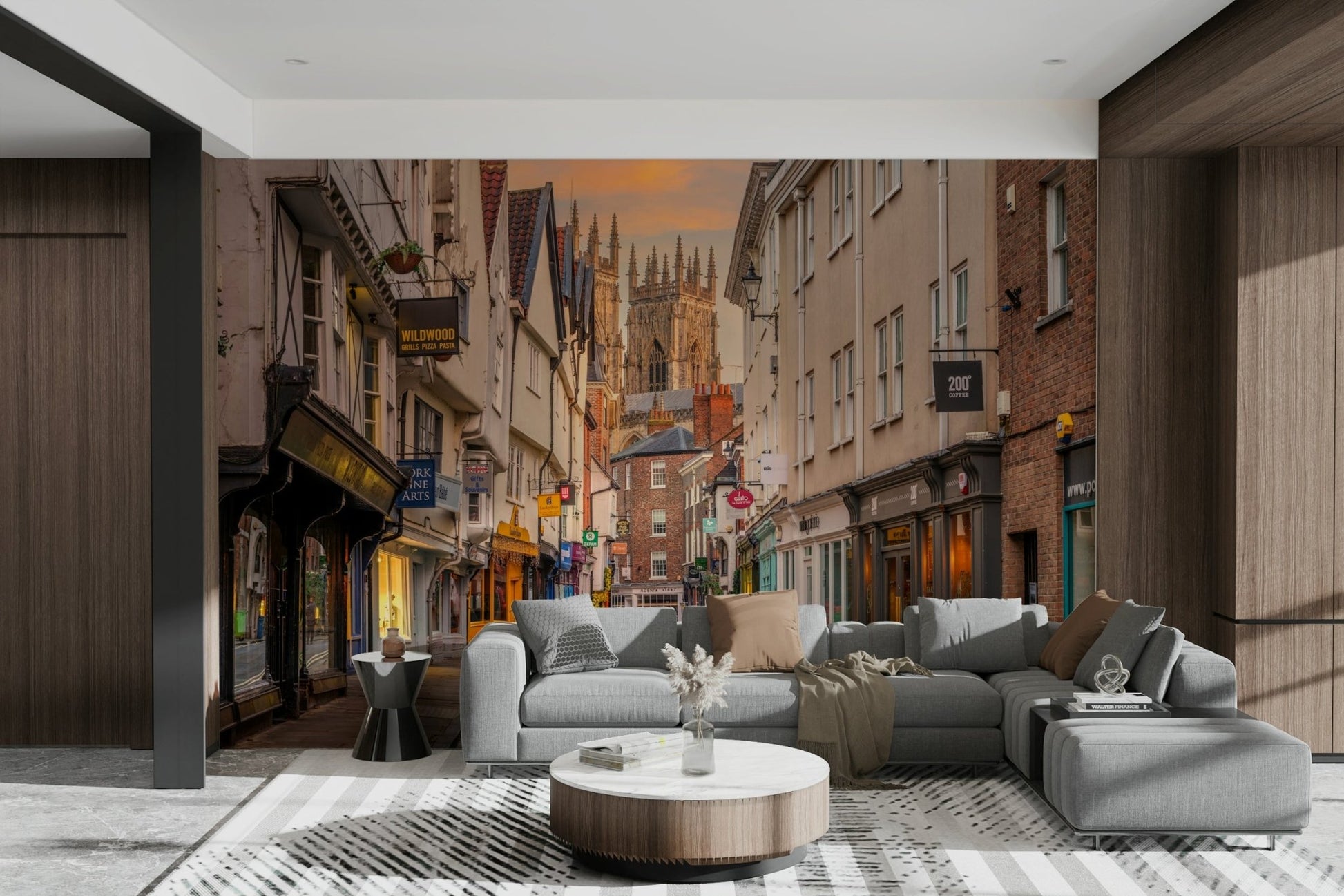 Cityscape mural with historical buildings and cathedral in view

