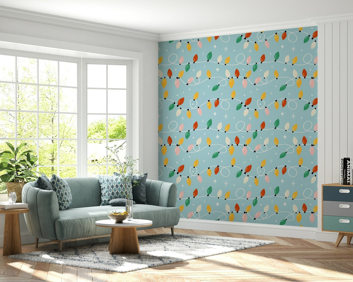A blue holiday wallpaper decorated with bright glowing lights and twinkling star shapes.