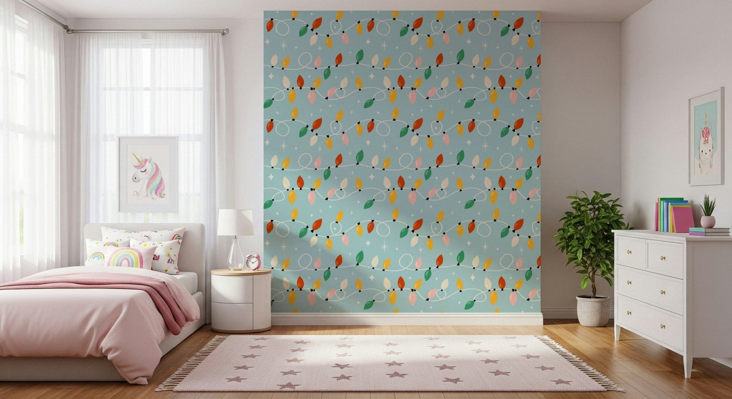 Holiday lights wallpaper with looping white cords and multicolored bulbs creating a fun festive vibe.