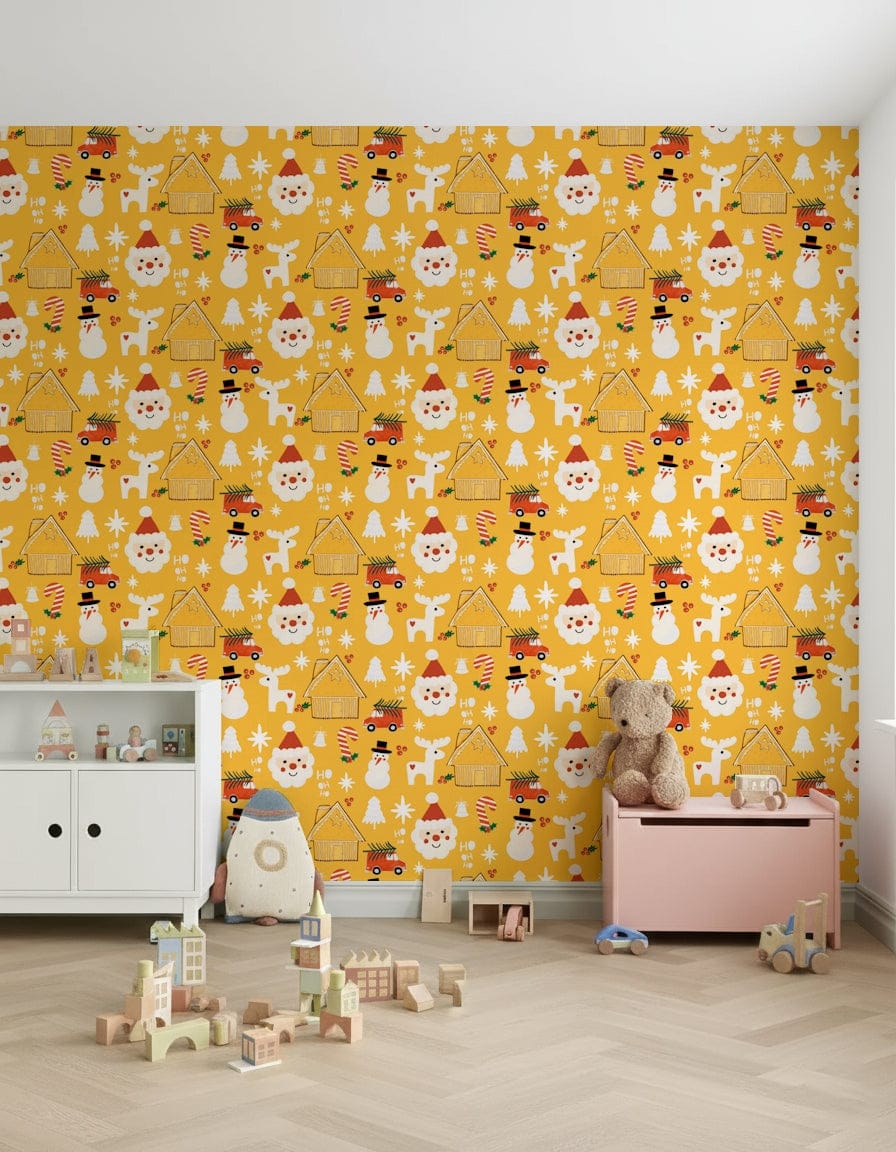 A cheerful Christmas wallpaper pattern with cottages, Santas, snowflakes, and reindeer on yellow.