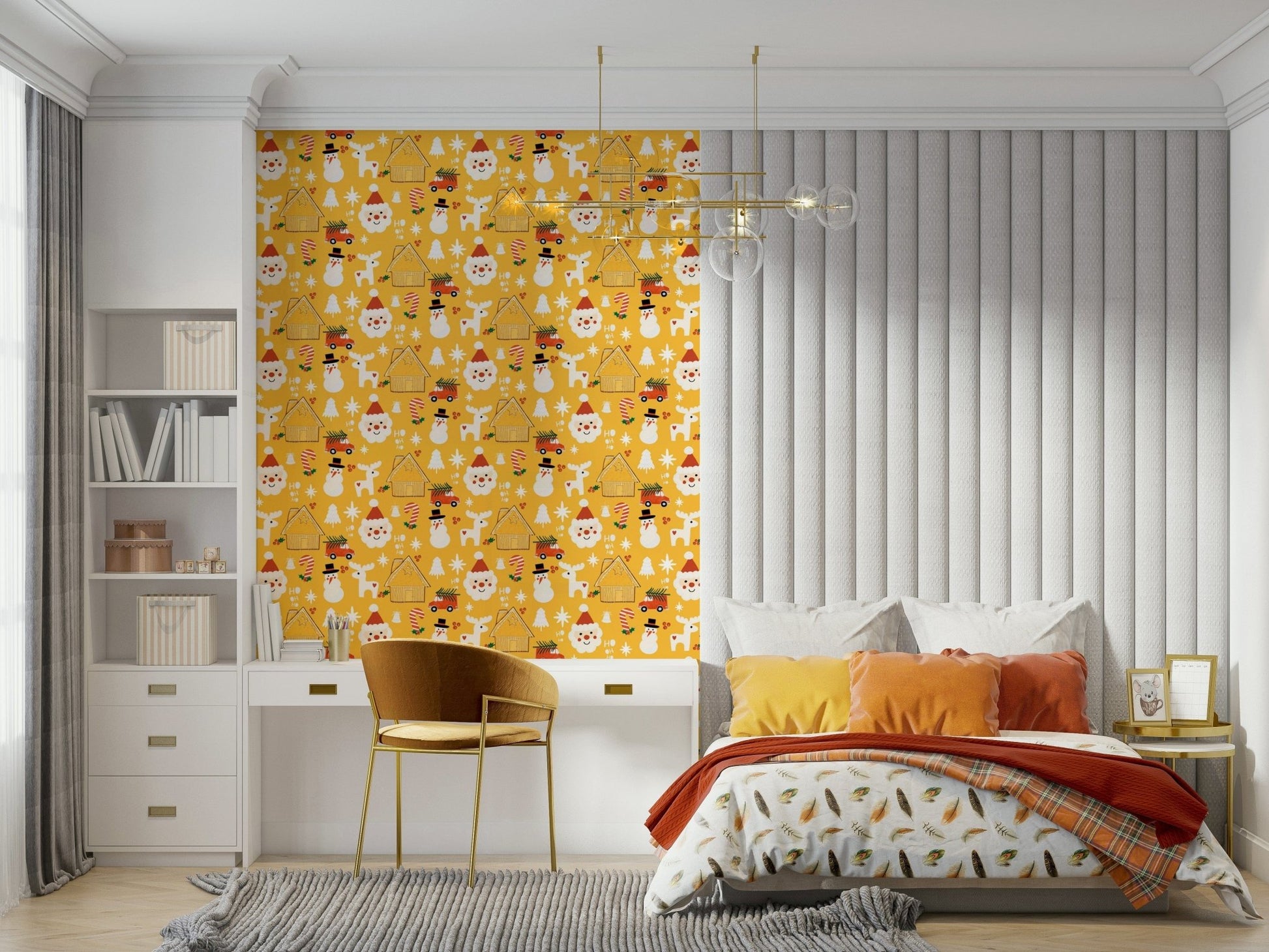 Playful holiday wallpaper featuring snowmen, Santas, candy canes, and winter shapes in a fun repeat.